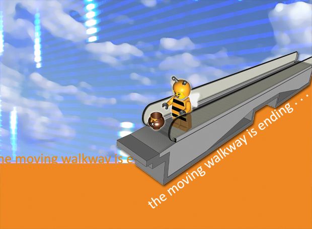 the moving walkway is ending. Lego mini-figure in a bee outfit on a moving walkway framed against blue sky and lens flare off blinds,