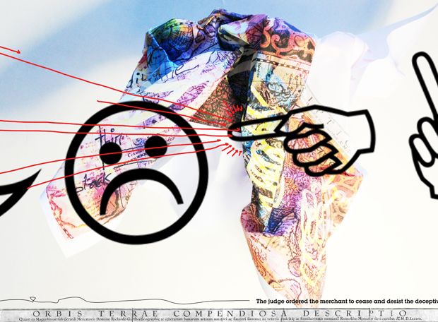 The judge ordered the merchant to cease and desist from the deceptive… The image has been printed out, crumpled, and photographed casting shadows on a white background. Again the four symbols are overlaid, and now red arrows go to (or radiate from) the left-pointing hand