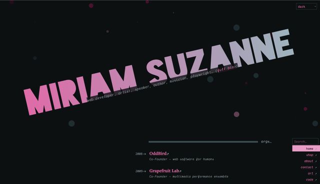 Similar idea,
but my name is bigger & angled,
there's a dark mode,
and the filter/search/nav
are all combined
in the right-hand page margin:
home, shop, about, contact, art, code, etc.